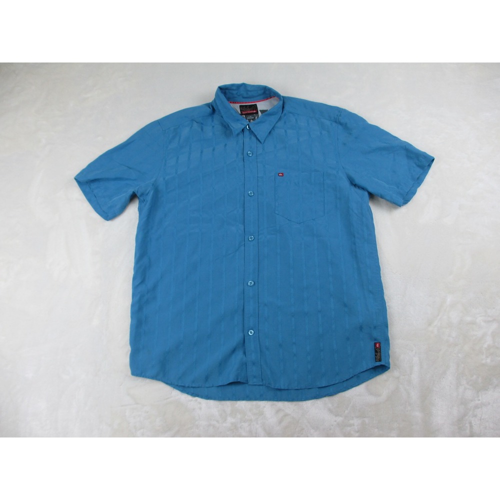 VINTAGE Quiksilver Shirt Mens Large Blue Button Up Striped Embroidered Casual*